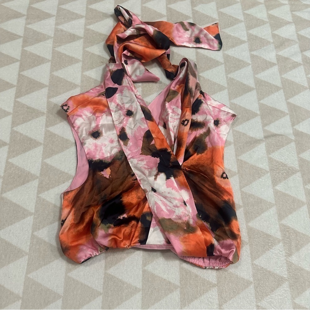 Tanya Taylor peony multicolor floral tank top tie neck twist front